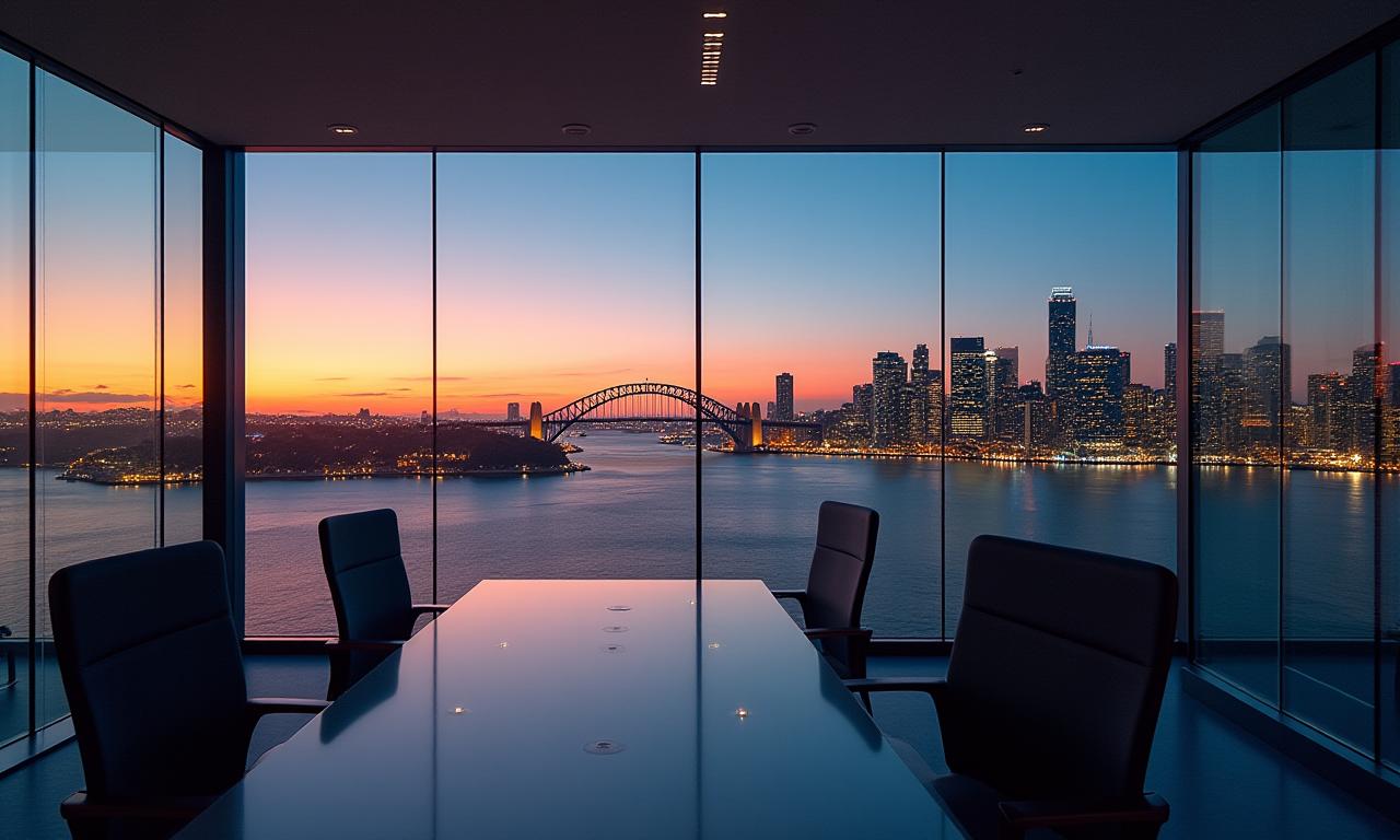 Modern office interior with a view of the Sydney skyline, representing technology and business.